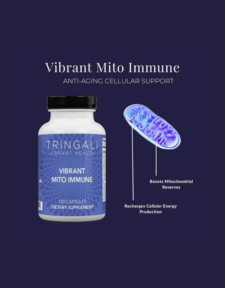 Bottle of Vibrant Mito Immune and a diagram with a mitochondria and benefits.